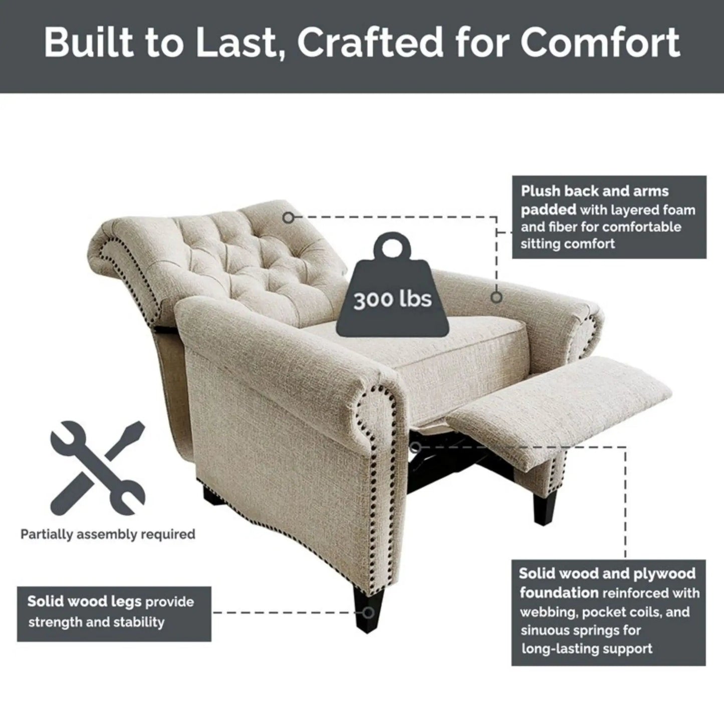 Aidan cream push-back recliner chair tufted back and nailhead trim by Unique Piece Furniture on Tampa Home & Garden Store