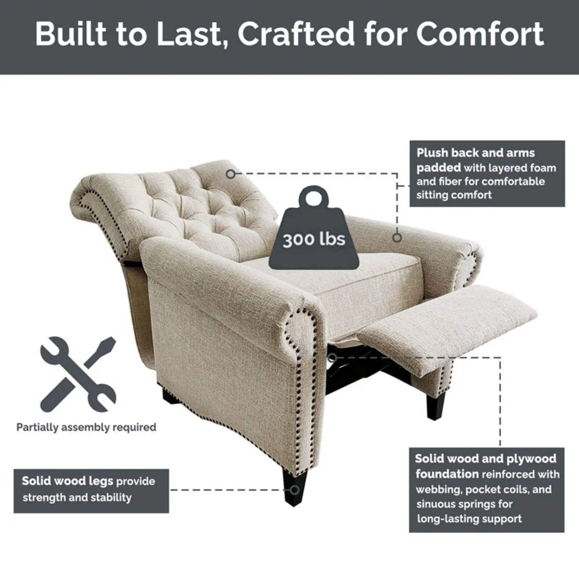 Aidan cream push-back recliner chair tufted back and nailhead trim by Unique Piece Furniture on Tampa Home & Garden Store