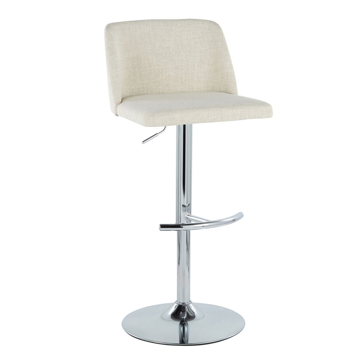 Barstool beige upholstered contemporary swivel with chrome pedestal base and rounded T-footrest on Tampa Home & Garden Store