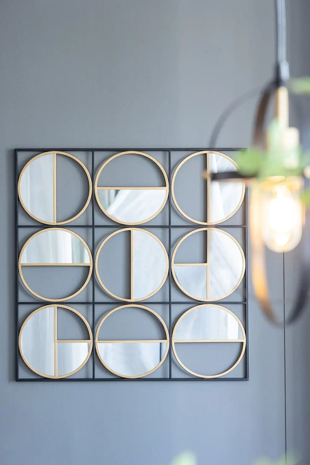 Accent mirrors: eclectic metal beaded wall mirror with gold circular frames in a 3x3 grid on Tampa Home & Garden Store