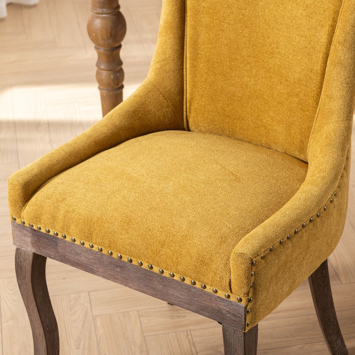 Ultra Side Dining Chair HouseOfZazla mustard yellow upholstery, solid wood legs, nailhead trim on Tampa Home & Garden Store