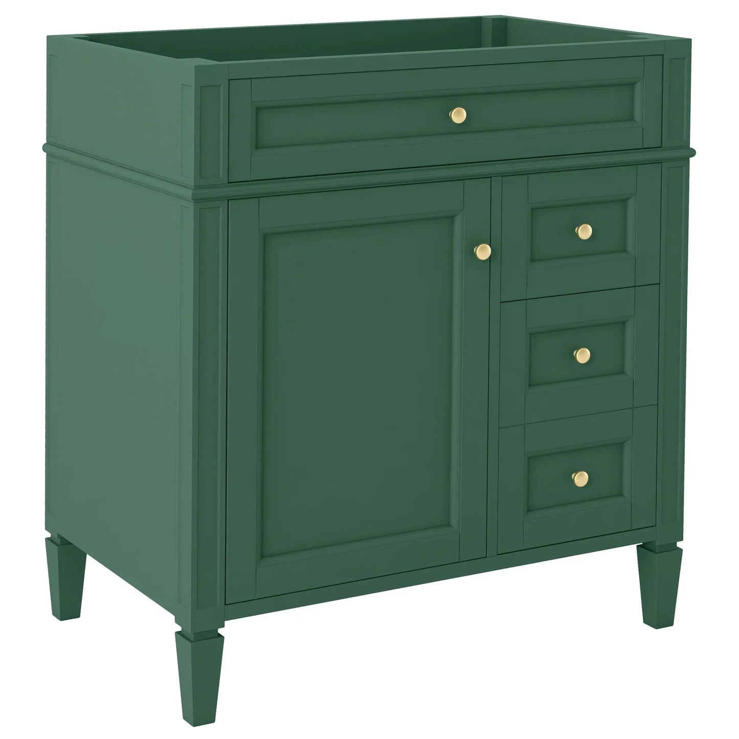 Bathroom vanity base with 2 drawers and tip-out drawer, green finish with gold knobs on Tampa Home & Garden Store