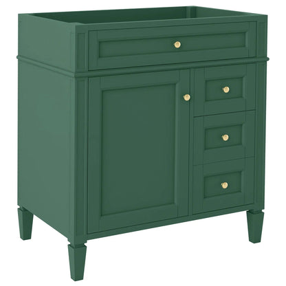 Bathroom vanity base with 2 drawers and tip-out drawer, green finish with gold knobs on Tampa Home & Garden Store