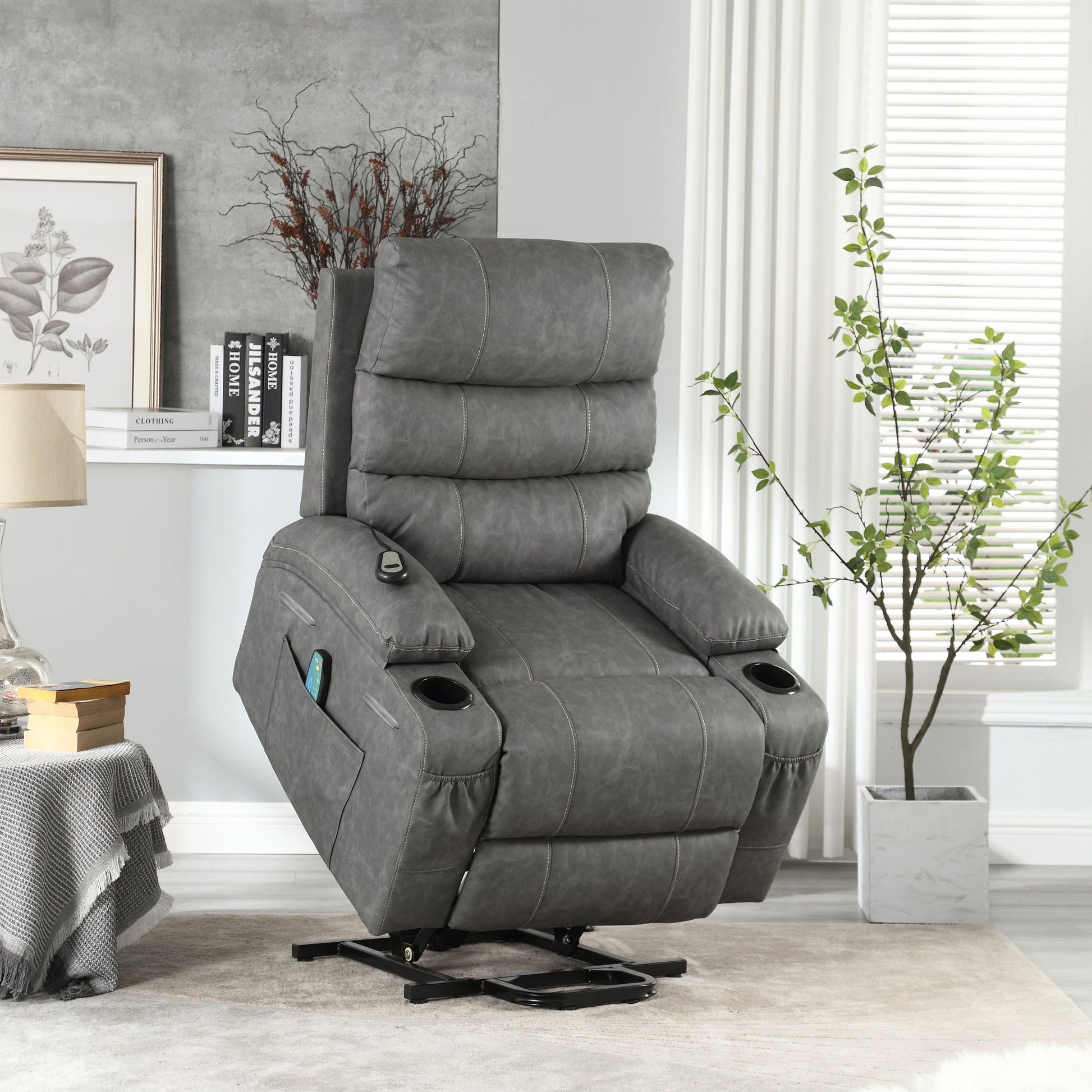 Large electric lift recliner chair in gray with massage and heat on Tampa Home & Garden Store