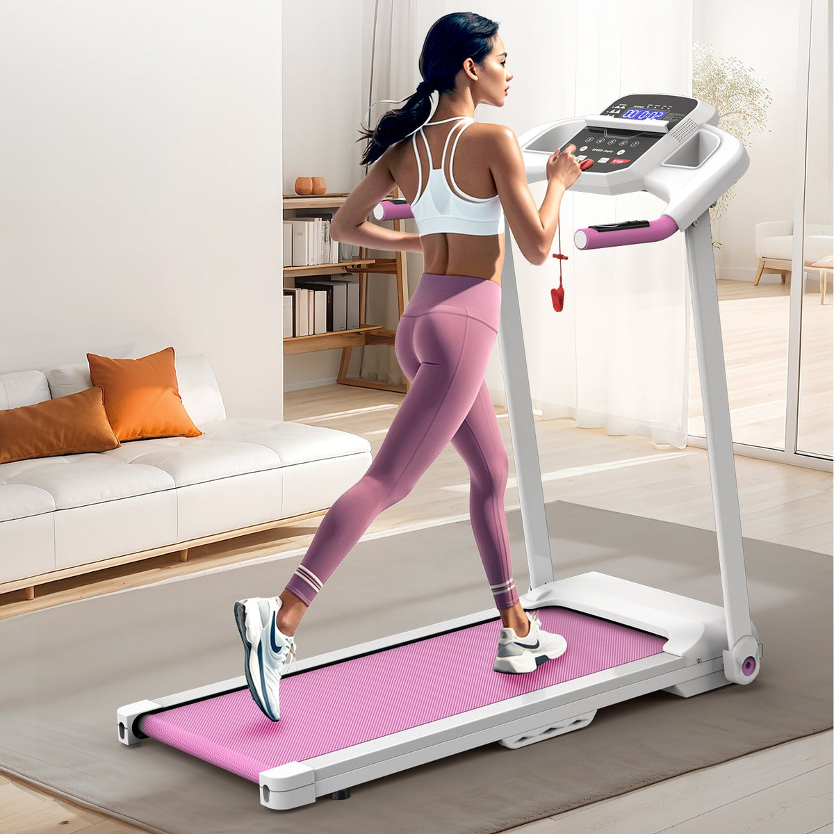 Foldable treadmill pink belt, white frame, 2.5HP motor by HouseOfZazla for home use on Tampa Home & Garden Store
