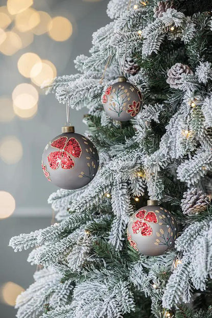 3 glass hanging ball Christmas ornaments in frosted gray with red floral accents Unique Piece Furniture on Tampa Home & Garden Store