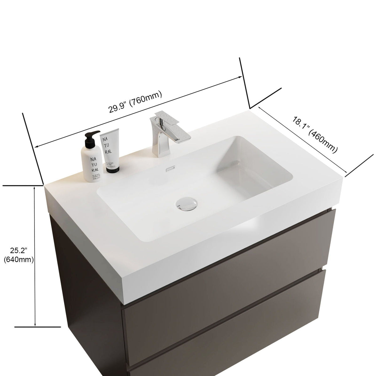 Alice bathroom vanity with sink, white top, chrome faucet, dark brown two-drawer cabinet on Tampa Home & Garden Store