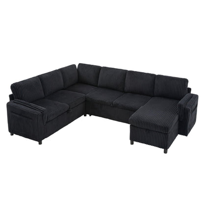 HouseOfZazla convertible U-shaped sectional sofa bed in black corduroy upholstery on Tampa Home & Garden Store