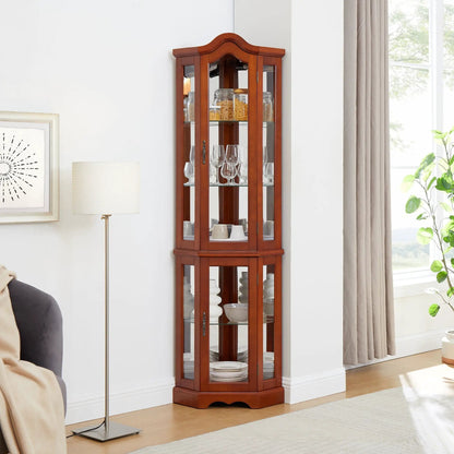 Corner curio cabinet in walnut finish with mirrored back, glass doors and glass shelves on Tampa Home & Garden Store