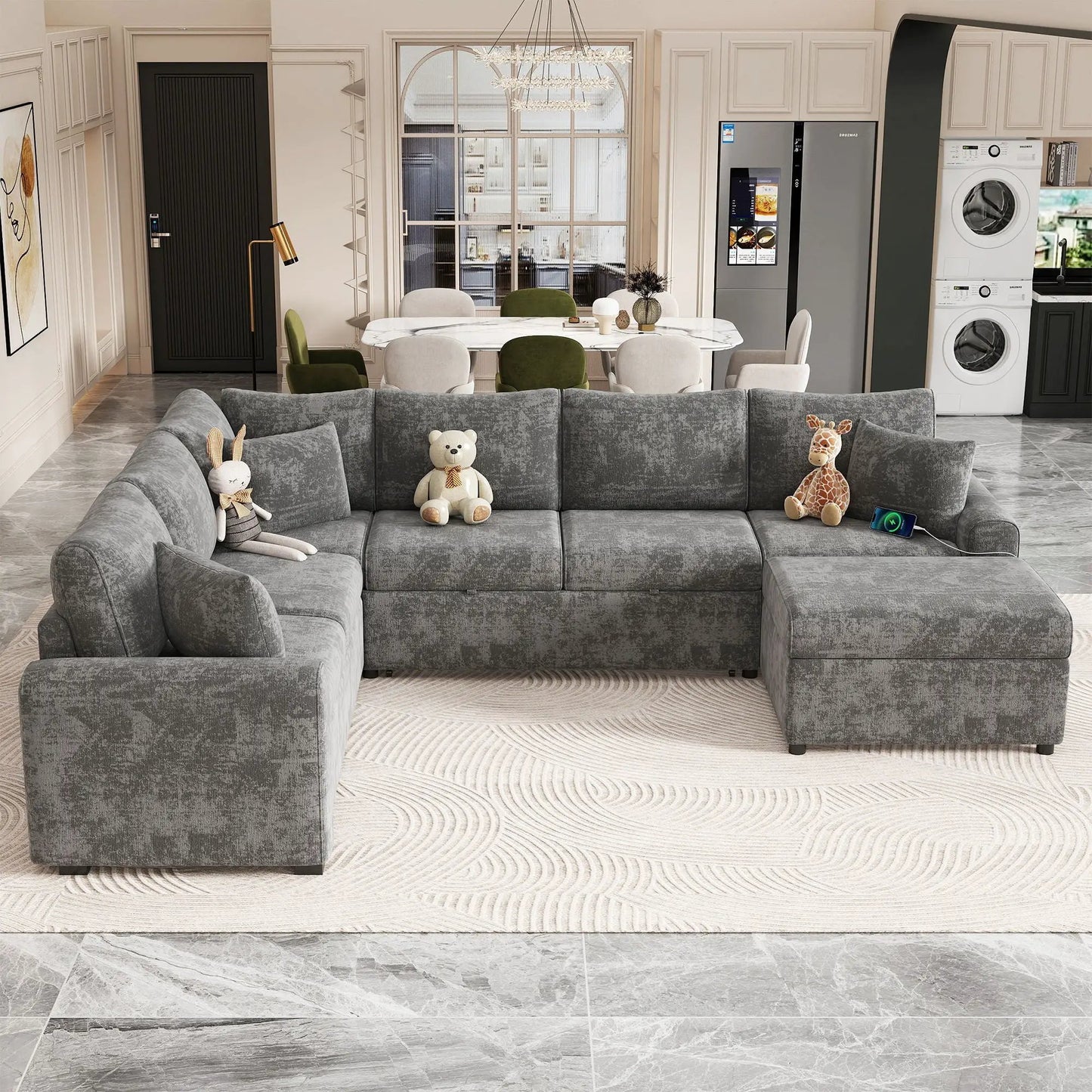 Gray sleeper sectional with storage ottoman by Unique Piece Furniture, 3 pillows on Tampa Home & Garden Store