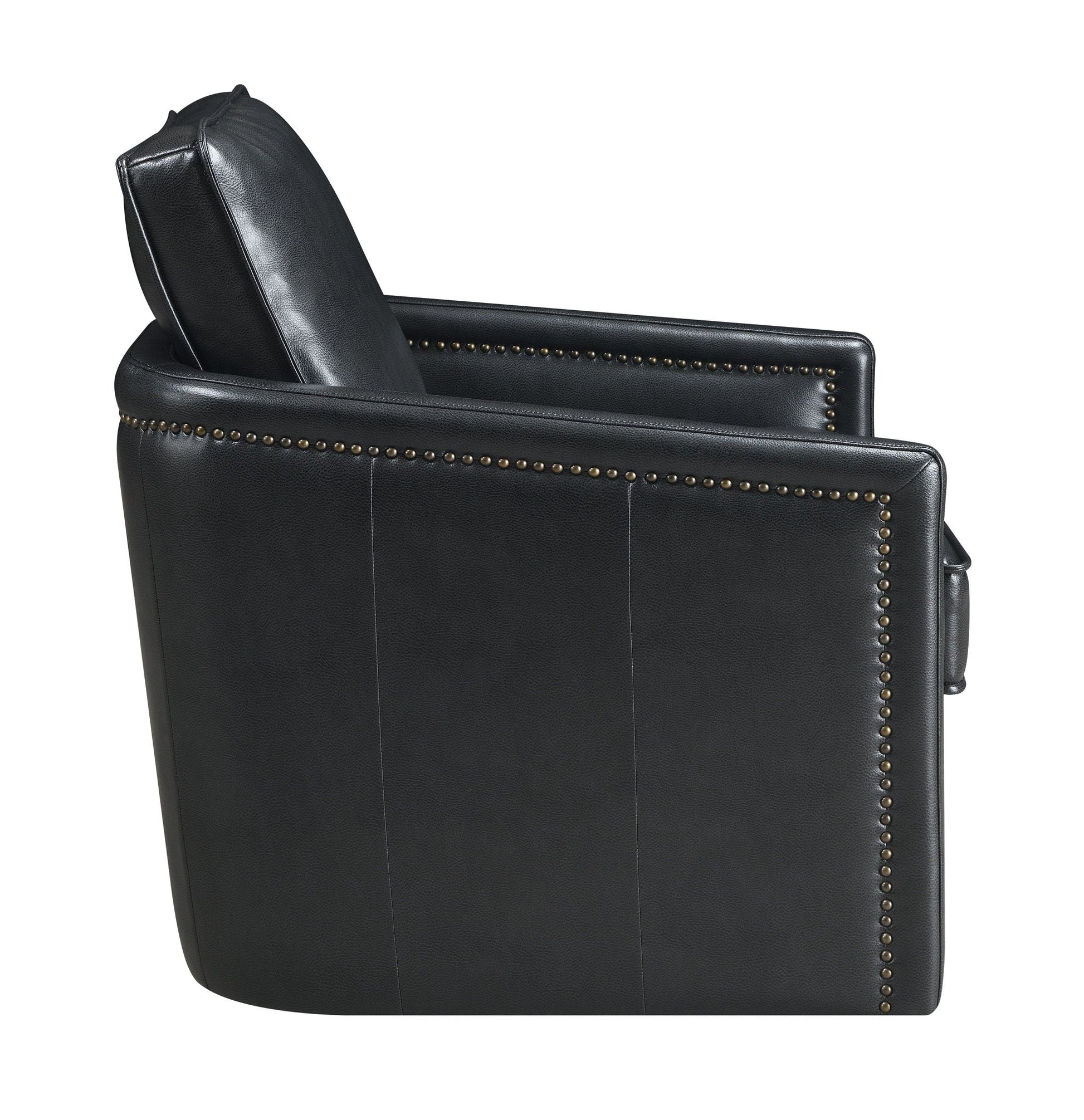 Rocha Aire Swivel Chair With Glider, black leather upholstery with brass nailhead trim along the arms on Tampa Home & Garden Store