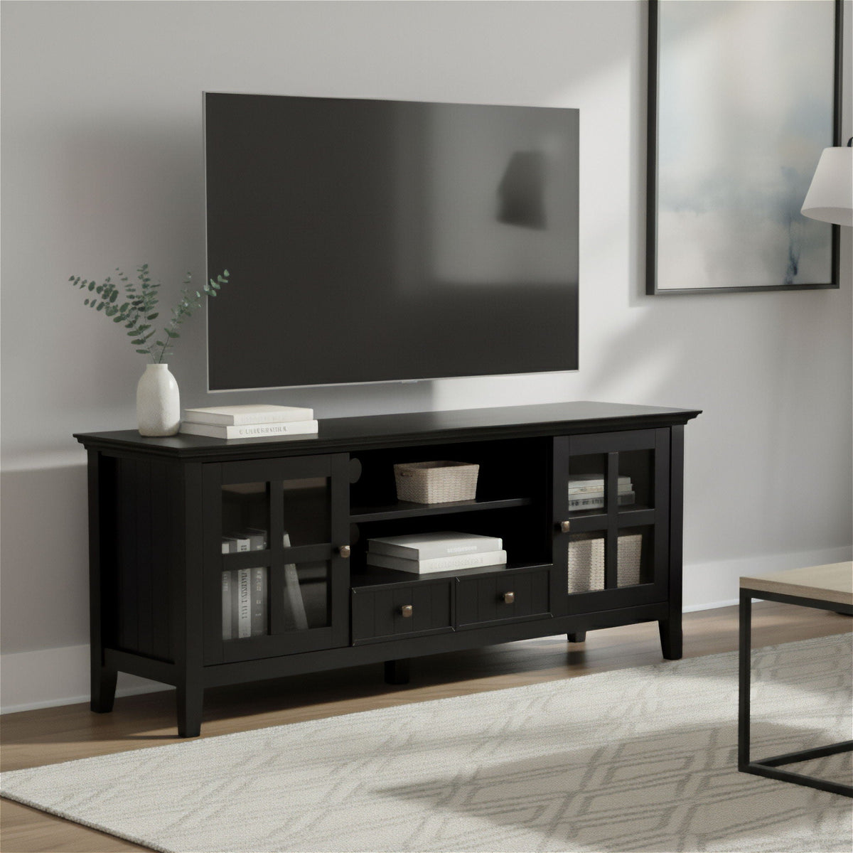 Solid wood TV stand with drawers and open cubbies, black finish on Tampa Home & Garden Store