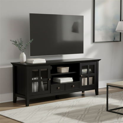 Solid wood TV stand with drawers and open cubbies, black finish on Tampa Home & Garden Store