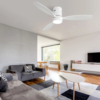 White indoor/outdoor ceiling fan with three blades, DC motor and remote LED light on Tampa Home & Garden Store