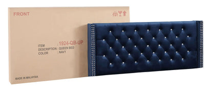 Upholstered bed with navy velvet & tufted nailhead trim, crystal studs, Unique Piece Furniture on Tampa Home & Garden Store