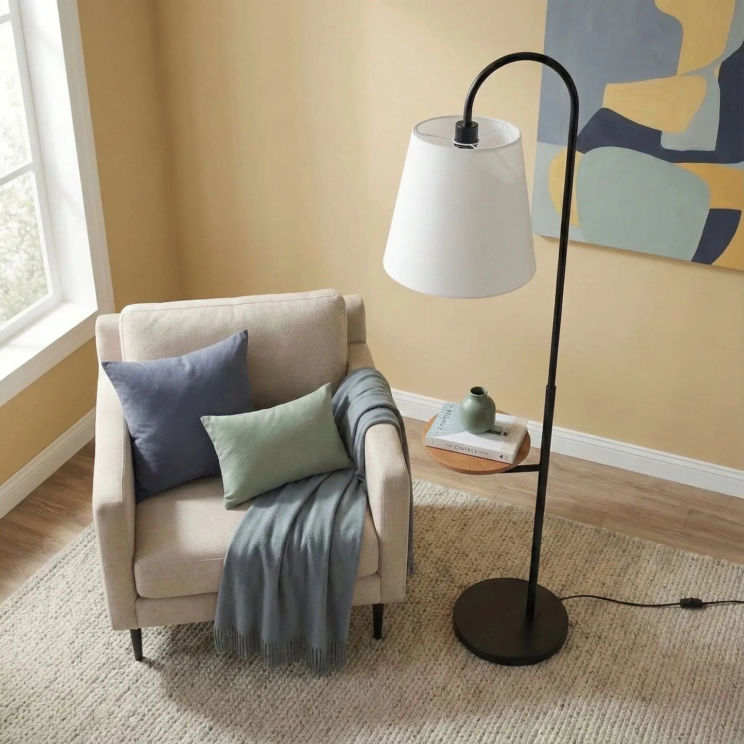 Seoul Floor Lamp with Rotary Switch, black arc and white shade by Unique Piece Furniture on Tampa Home & Garden Store