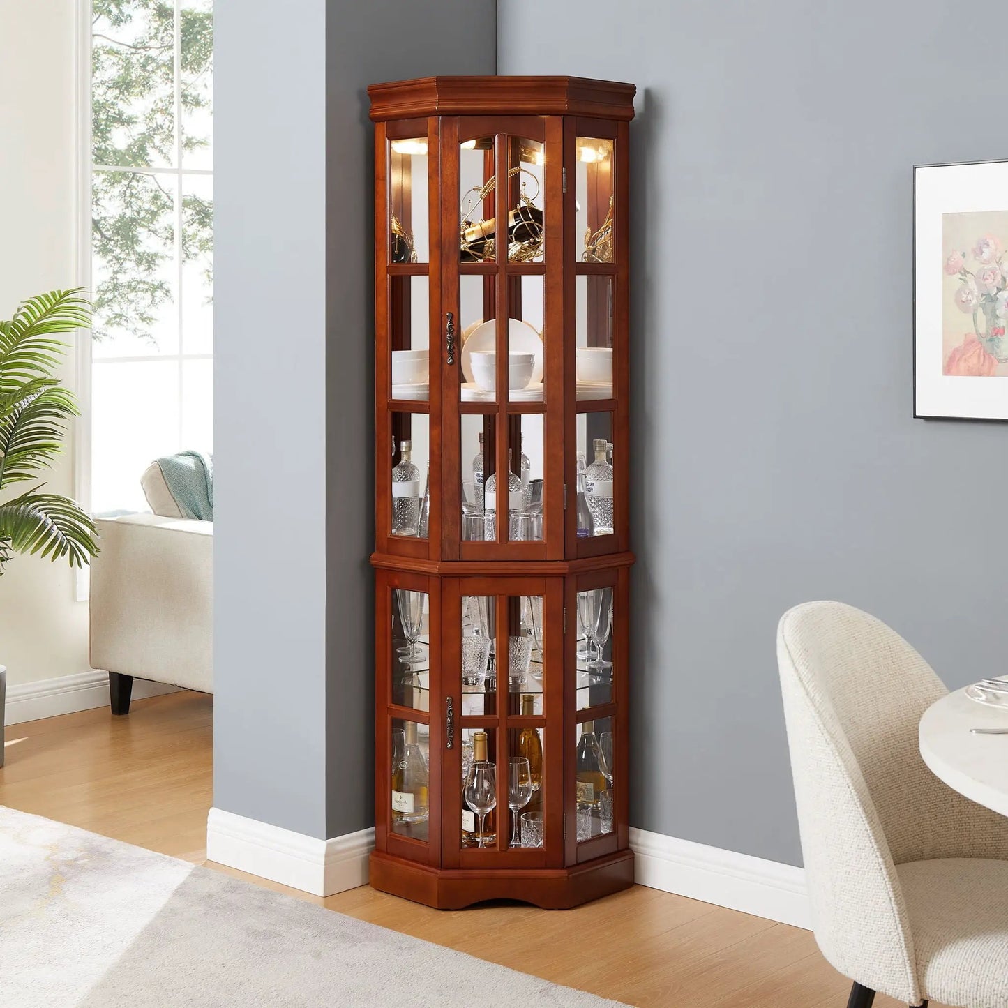 Corner Curio Cabinet with 5 Shelves and Lighting