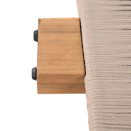 Outdoor chaise lounge chair in acacia wood with adjustable backrest and beige cushion on Tampa Home & Garden Store