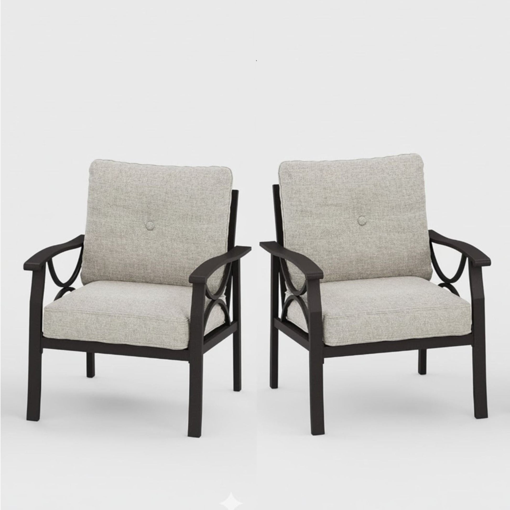 HouseOfZazla all-weather armchairs with light gray fabric cushions, dark metal frames, set of 2 on Tampa Home & Garden Store