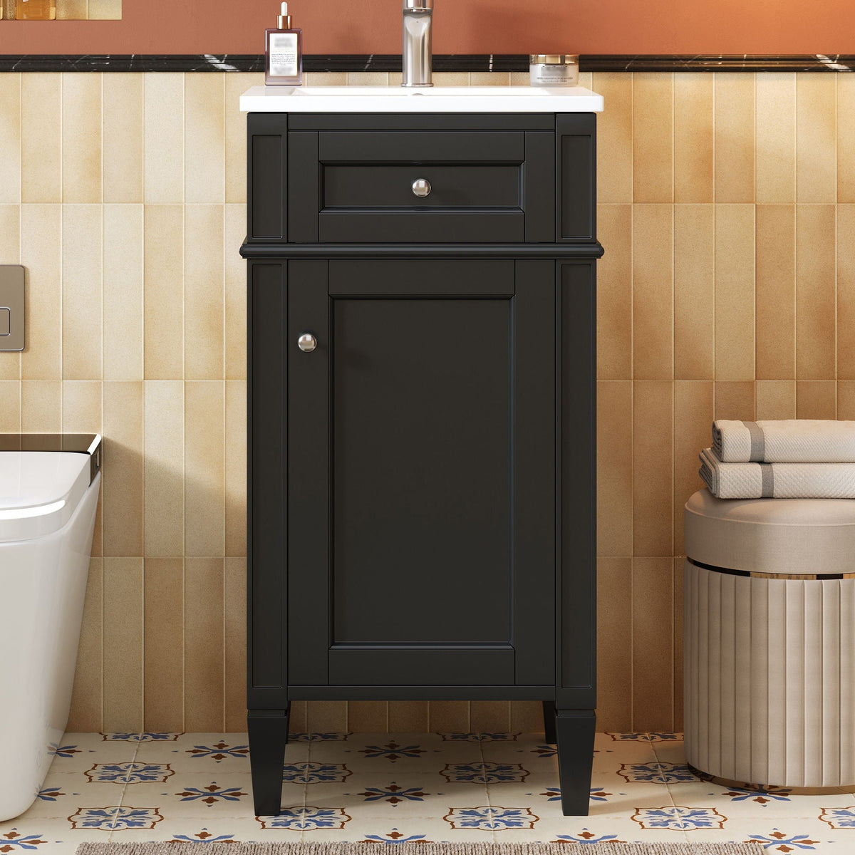 French Style bathroom vanity in black with white ceramic sink and soft-close doors on Tampa Home & Garden Store