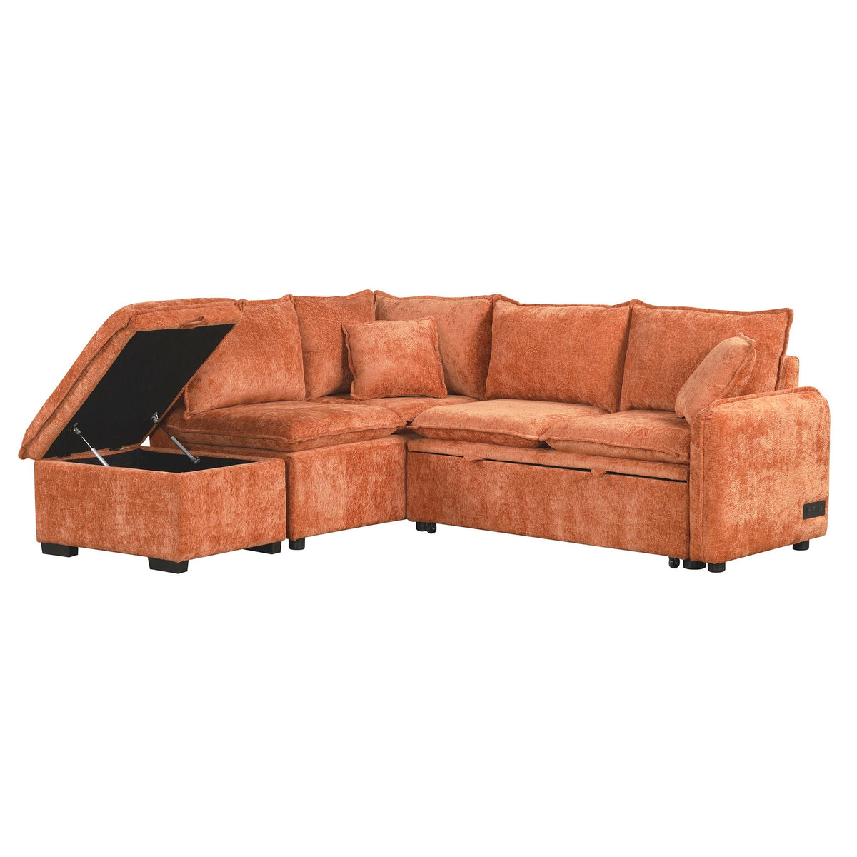Convertible sleeper sectional with storage ottoman in orange fabric, two pillows visible on Tampa Home & Garden Store