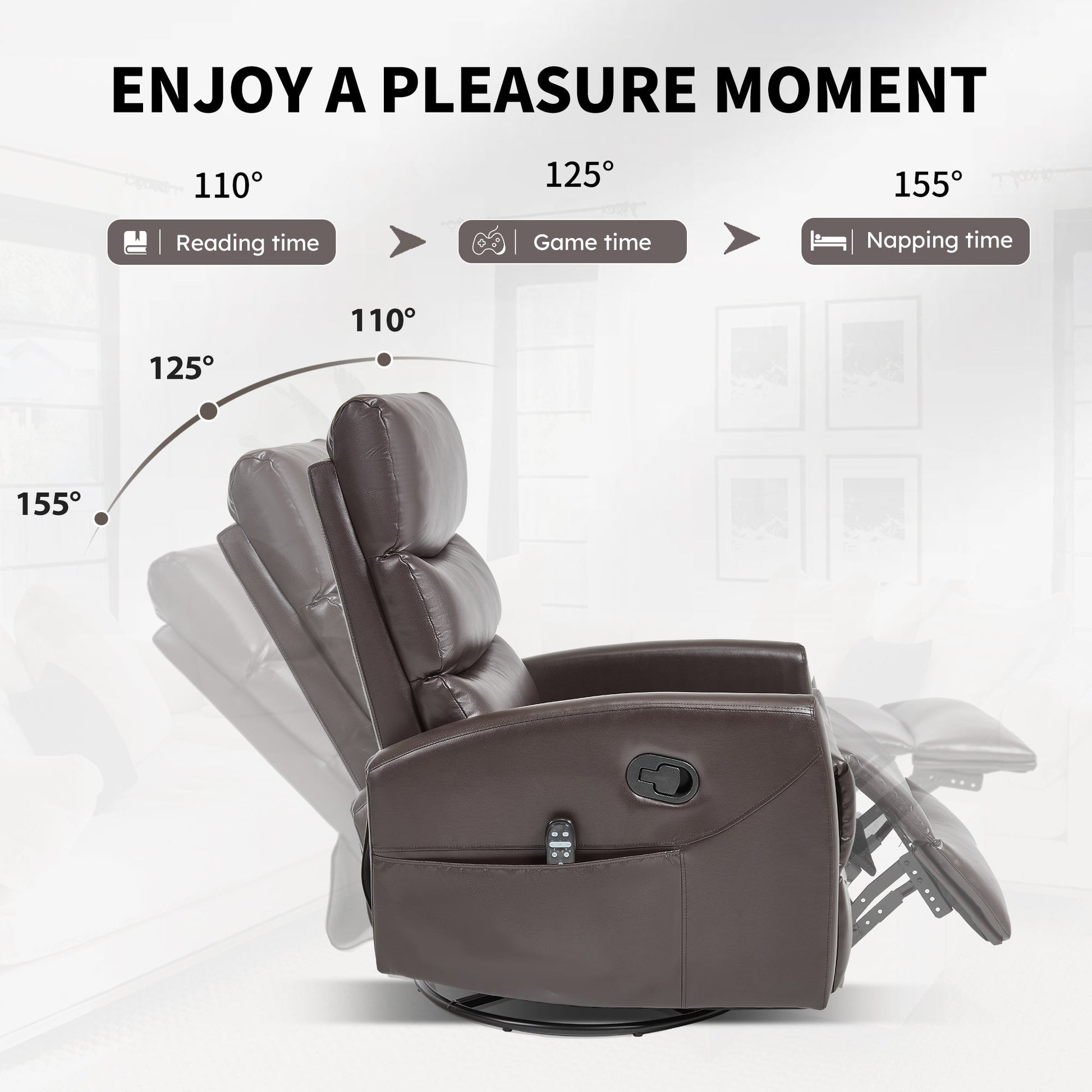 Heat Massage Manual Recliner Chair with Rocker and Swivel in brown leather on Tampa Home & Garden Store