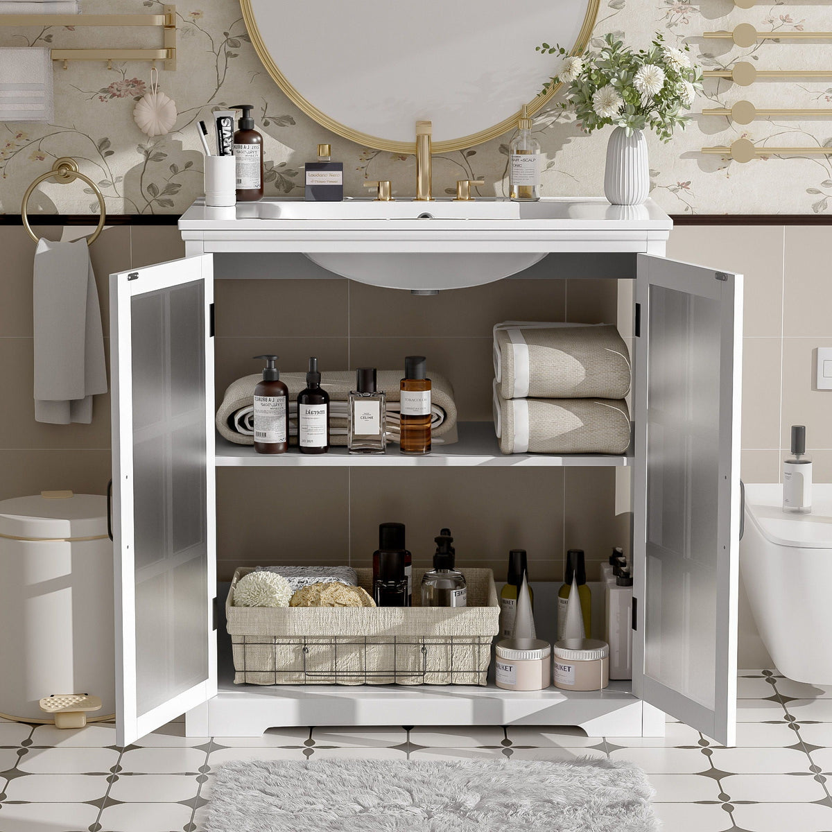Modern bathroom vanity with ceramic sink and tempered blurred glass doors, gold hardware on Tampa Home & Garden Store
