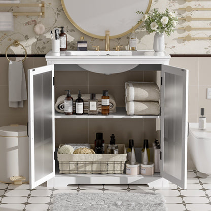 Modern bathroom vanity with ceramic sink and tempered blurred glass doors, gold hardware on Tampa Home & Garden Store