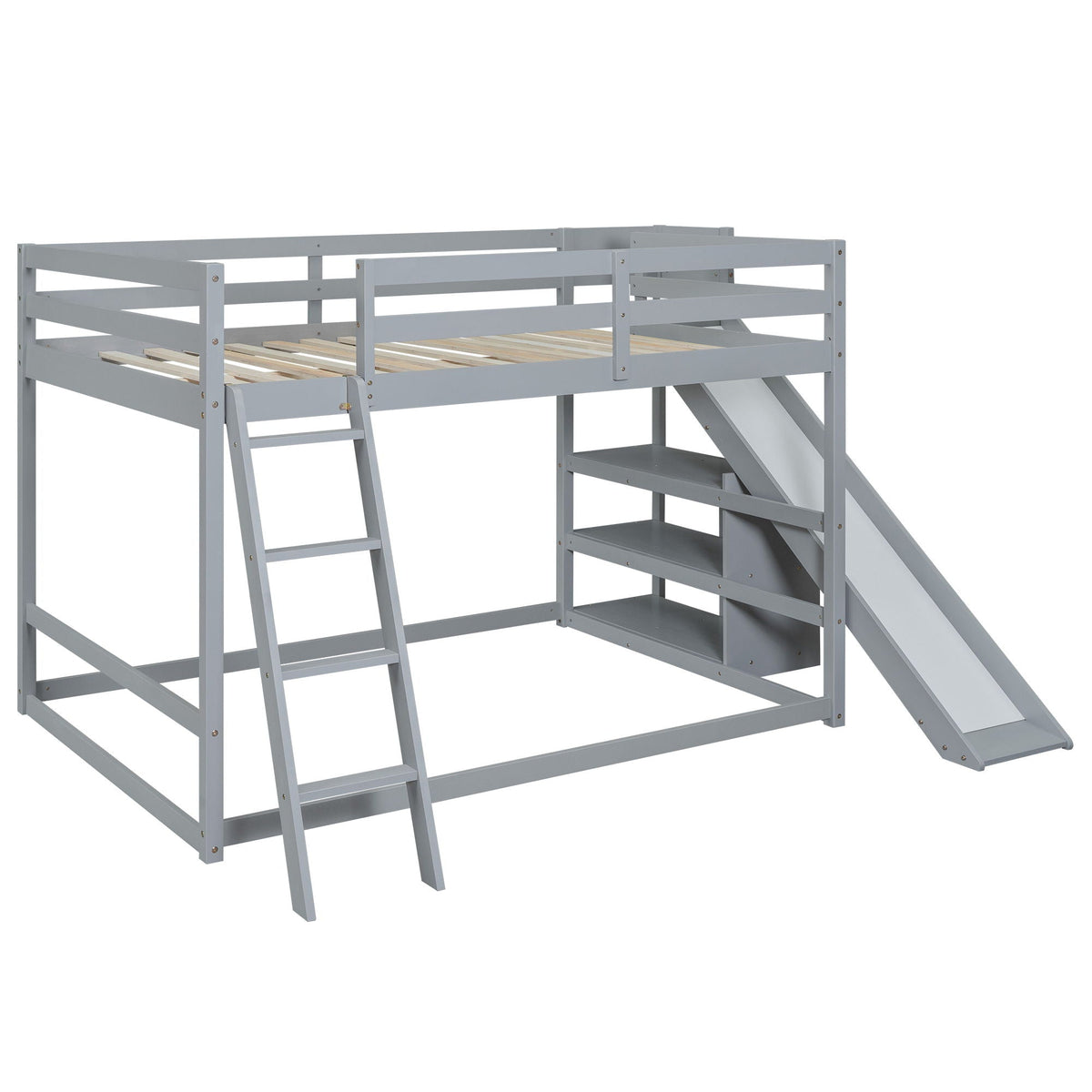 Bunk bed with ladder, slide, and shelves in gray pine wood by HouseOfZazla on Tampa Home & Garden Store