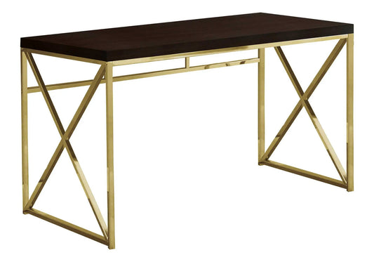 Computer desk with dark wood top and gold metal frame and X-shaped legs on Tampa Home & Garden Store