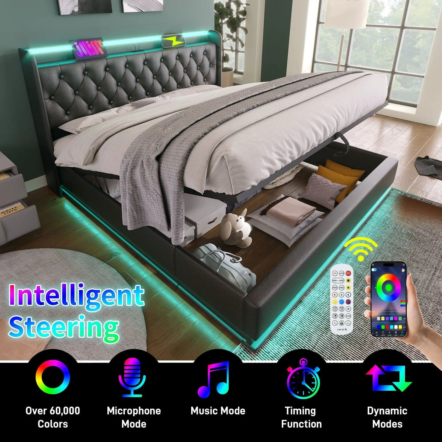 Upholstered Bed with 360 LED lighting, hydraulic storage, USB-C charging Unique Piece Furniture on Tampa Home & Garden Store