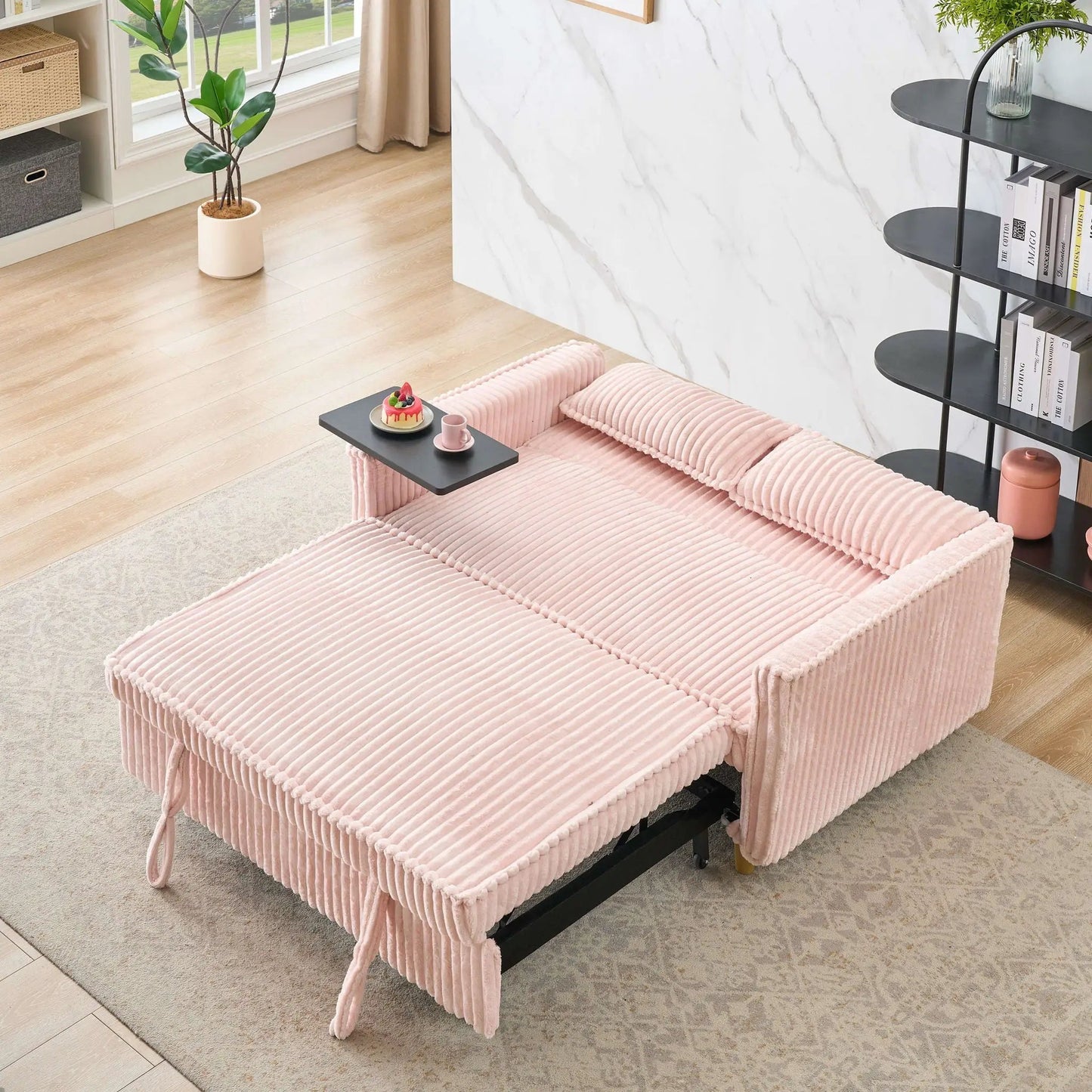 Pull Out Sofa With Movable Tabletop And USB Ports pink ribbed fabric with black metal frame on Tampa Home & Garden Store