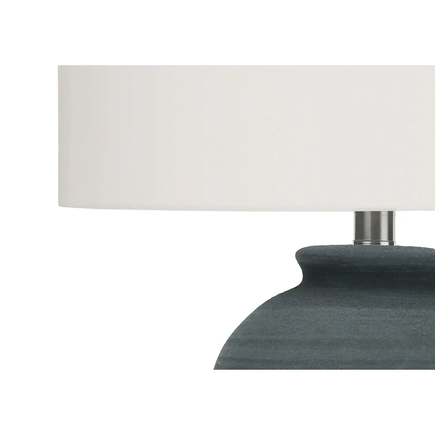 Blue ceramic table lamp with white drum shade and brushed metal neck on Tampa Home & Garden Store