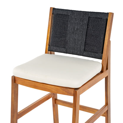 Arly black outdoor bar stool with solid acacia wood frame and woven wicker back on Tampa Home & Garden Store