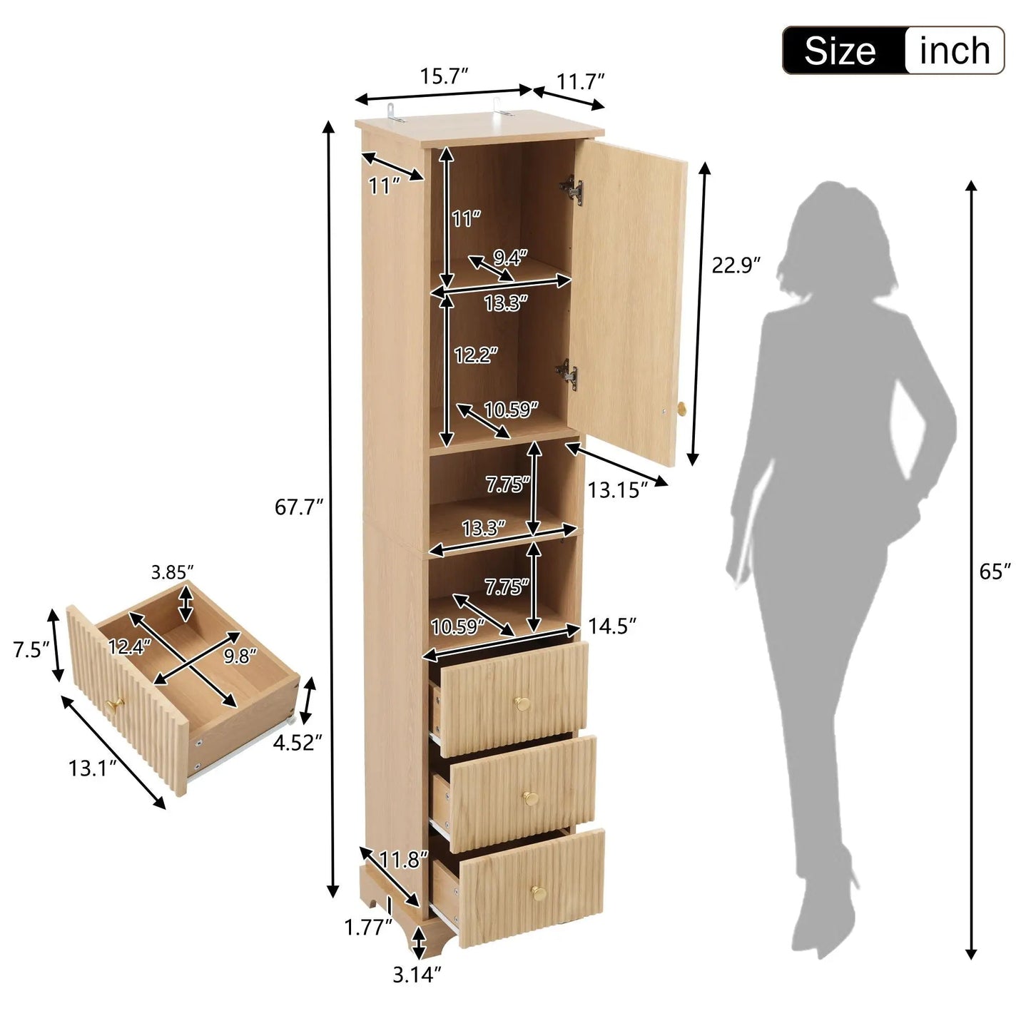 Tall Bathroom Cabinet With Door and Drawers Wood