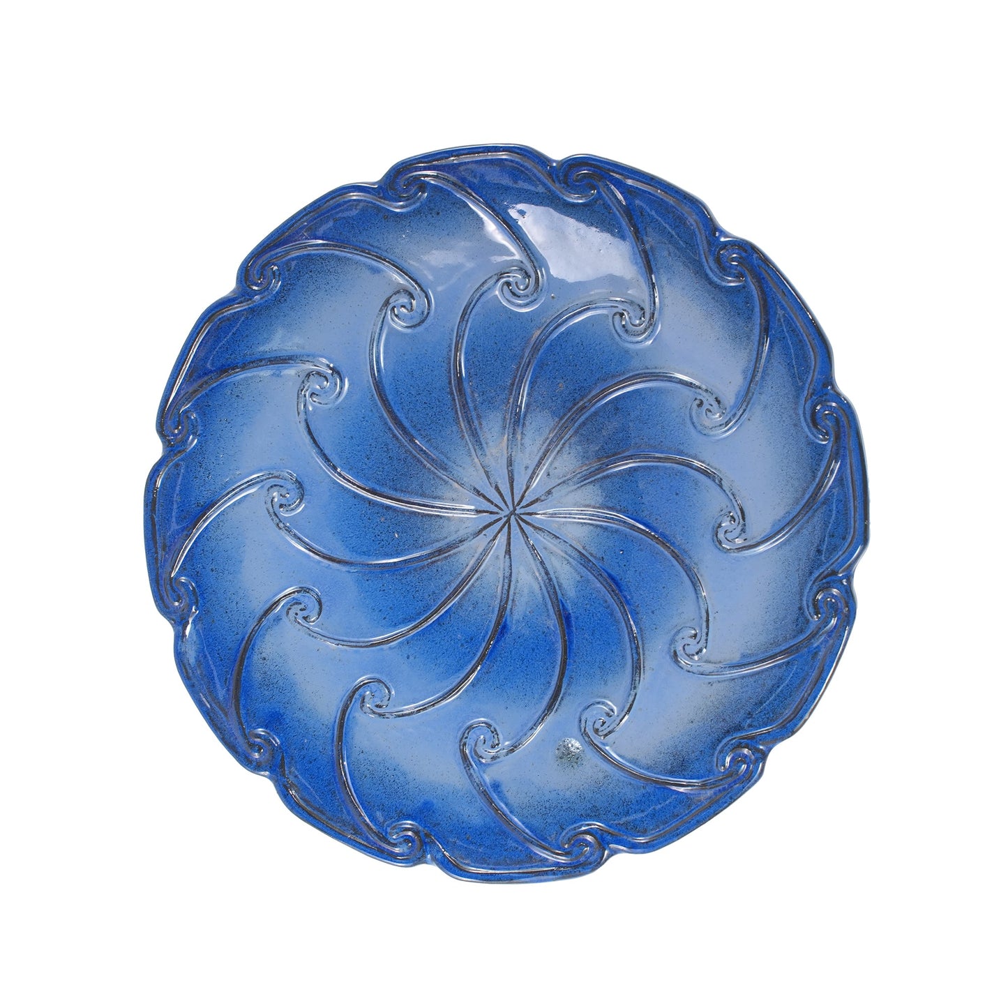 Handmade glazed ceramic garden pot saucer in sapphire blue with ornate scroll edge on Tampa Home & Garden Store