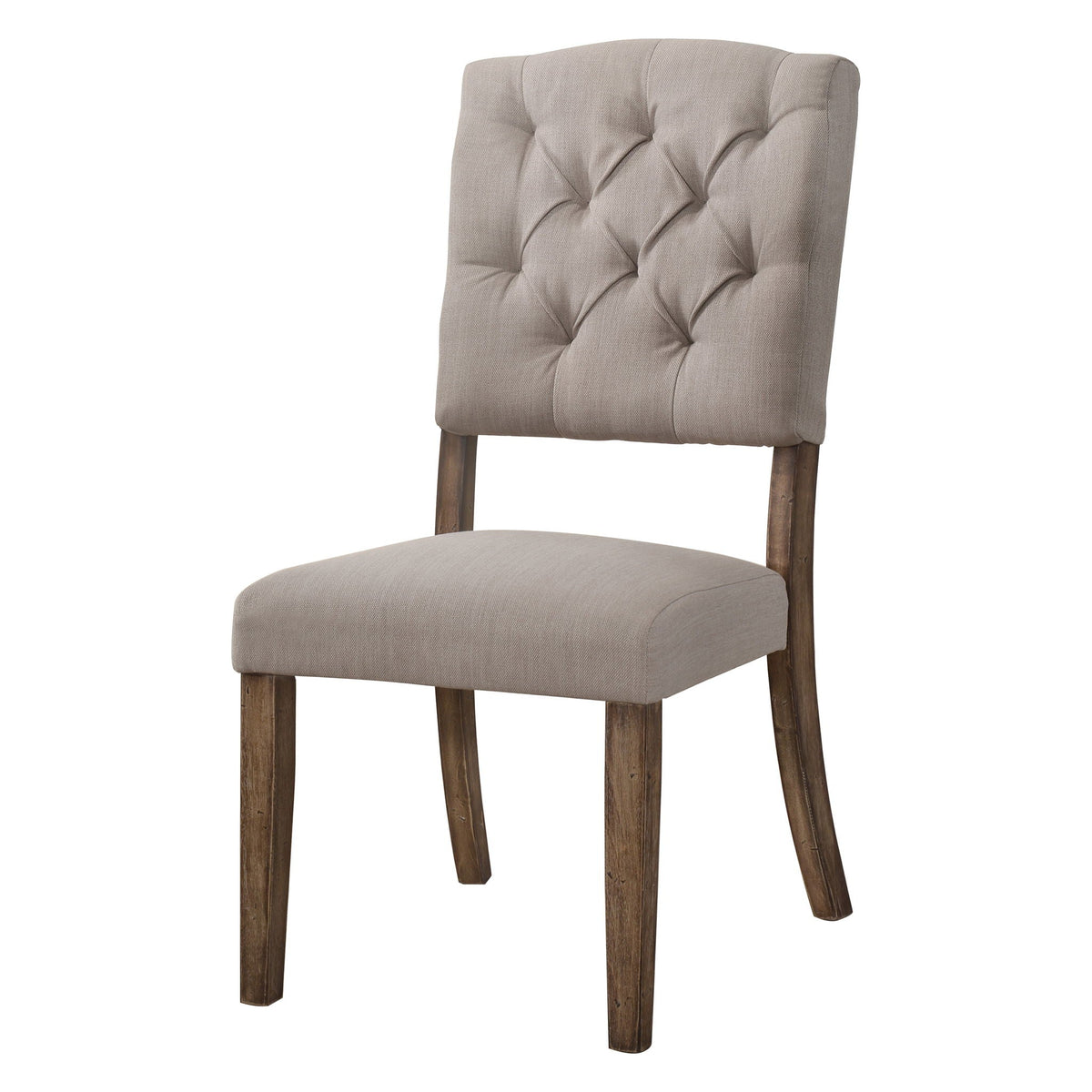 Weathered Side Chair with button tufting in taupe fabric and dark wood legs by HouseOfZazla on Tampa Home & Garden Store