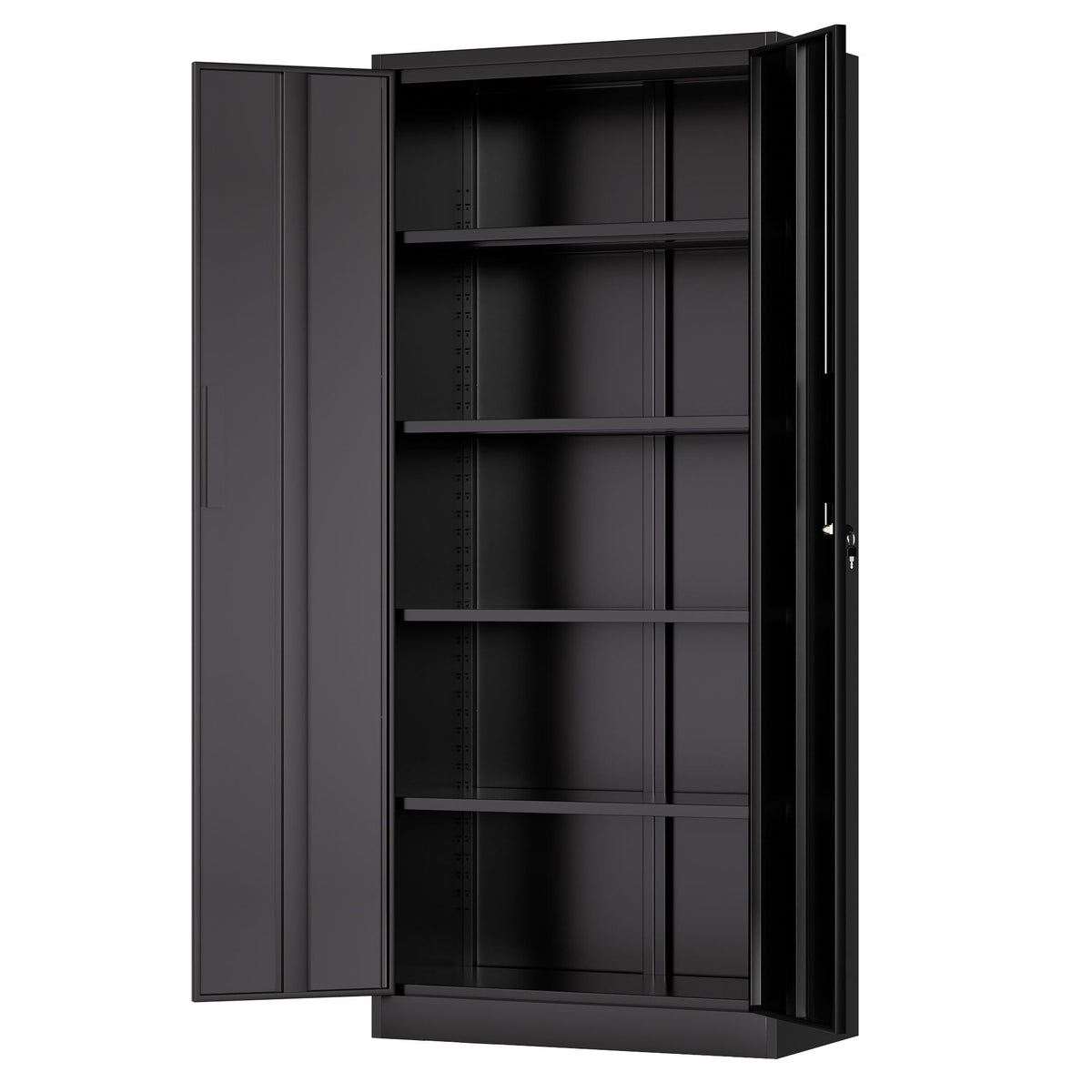 Steel garage storage cabinet with adjustable shelves and lock in black on Tampa Home & Garden Store