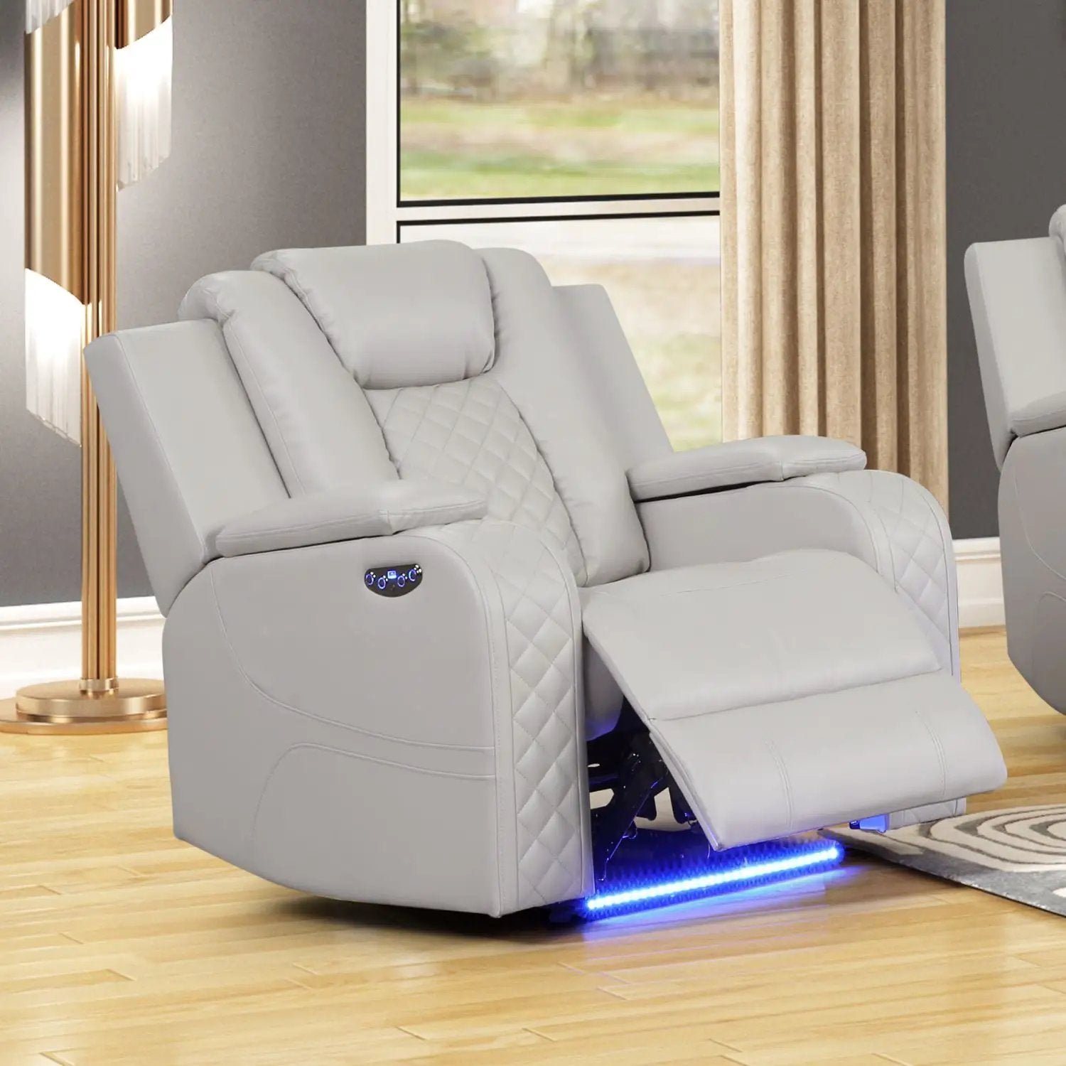 Benz LED & Power Recliner Chair with Adjustable Headrest, light gray leather, quilted panels on Tampa Home & Garden Store
