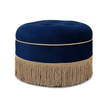 Yolanda round upholstered ottoman, navy velvet with gold fringe trim, Unique Piece Furniture on Tampa Home & Garden Store