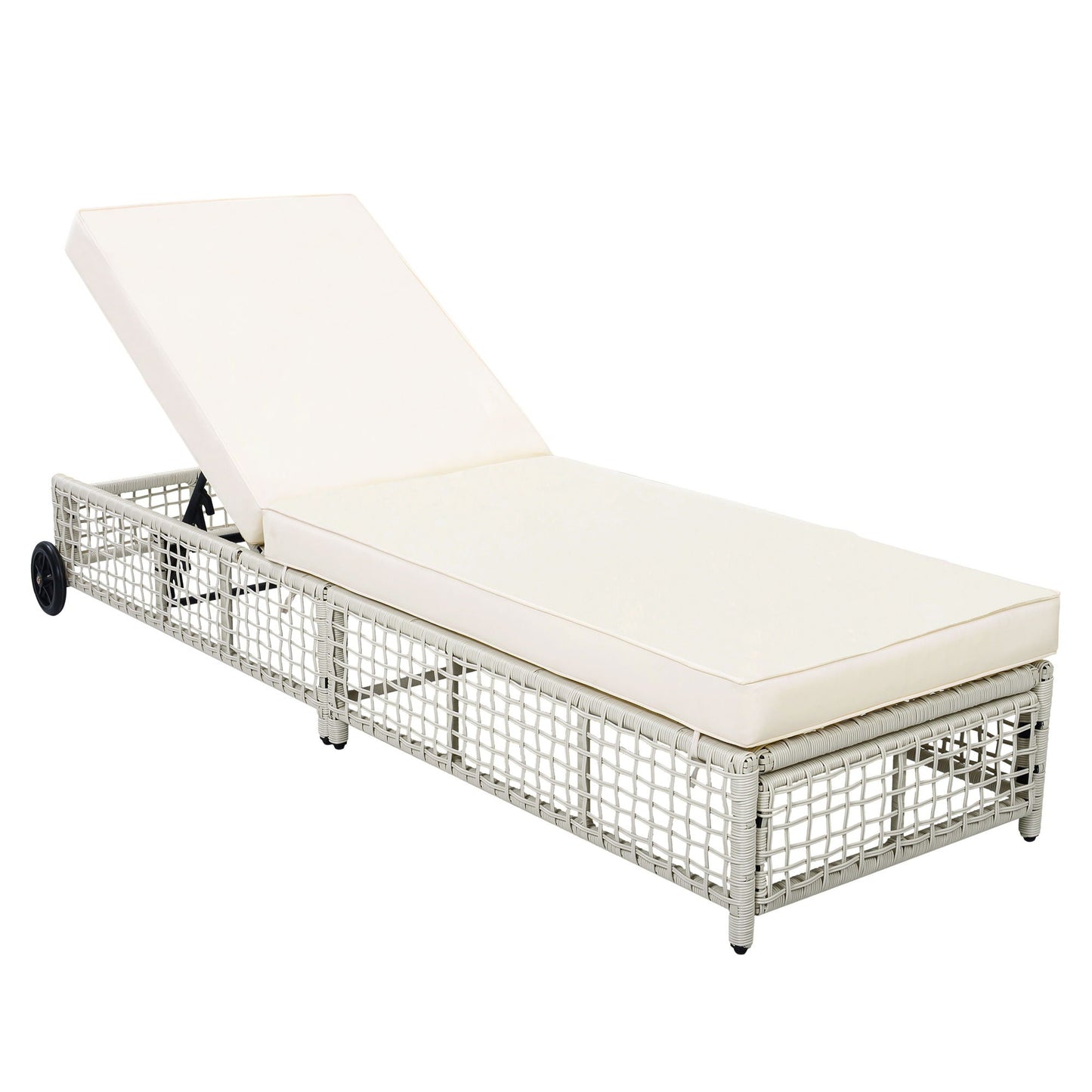 HouseOfZazla outdoor chaise lounge with white cushion, 5-position backrest and wheels on Tampa Home & Garden Store