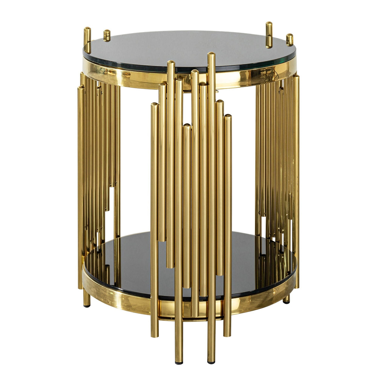 Elegant round side table with double-layer tempered glass top and gold-tone metal pedestal legs on Tampa Home & Garden Store