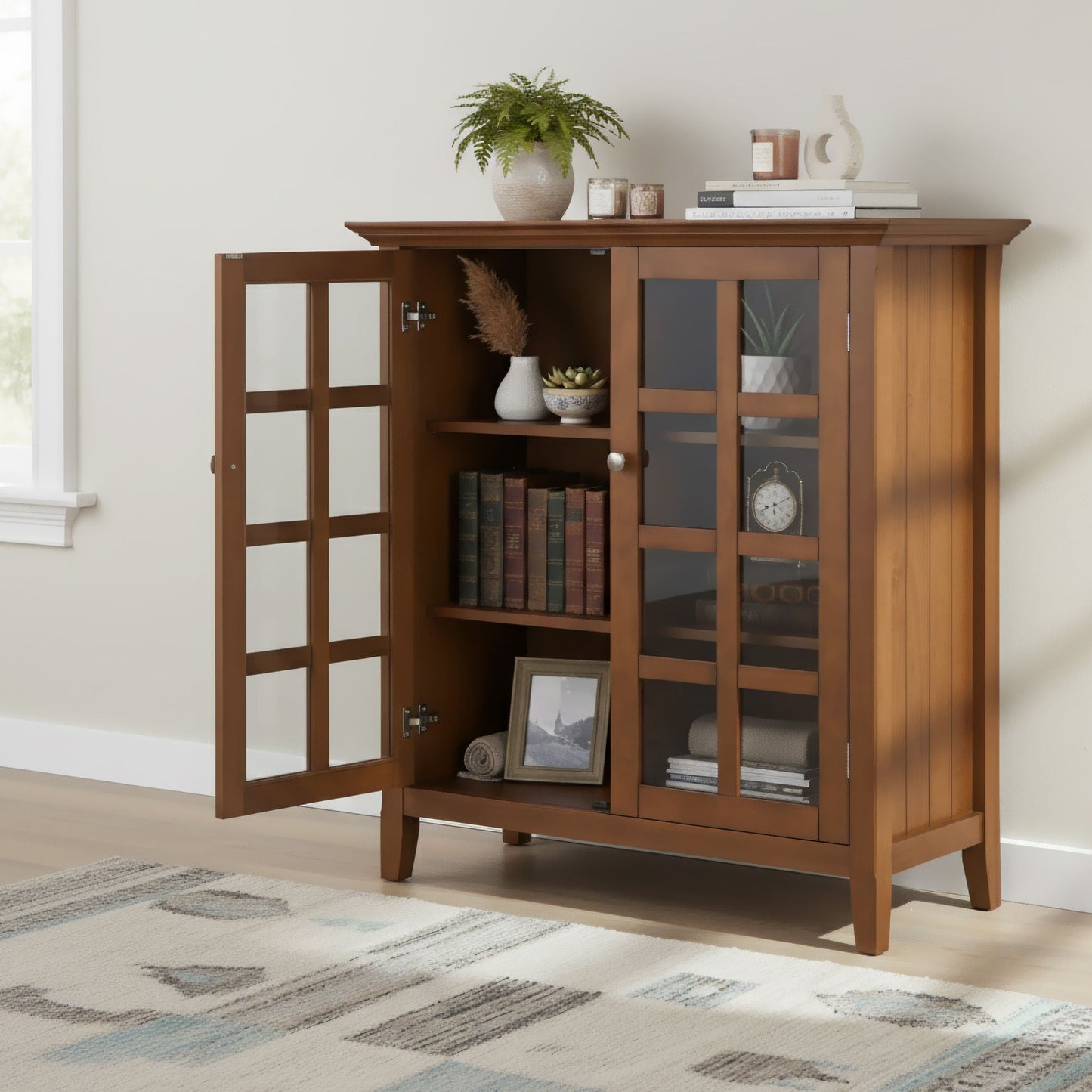 Acadian medium storage cabinet handcrafted in warm wood with glass-front doors HouseOfZazla on Tampa Home & Garden Store