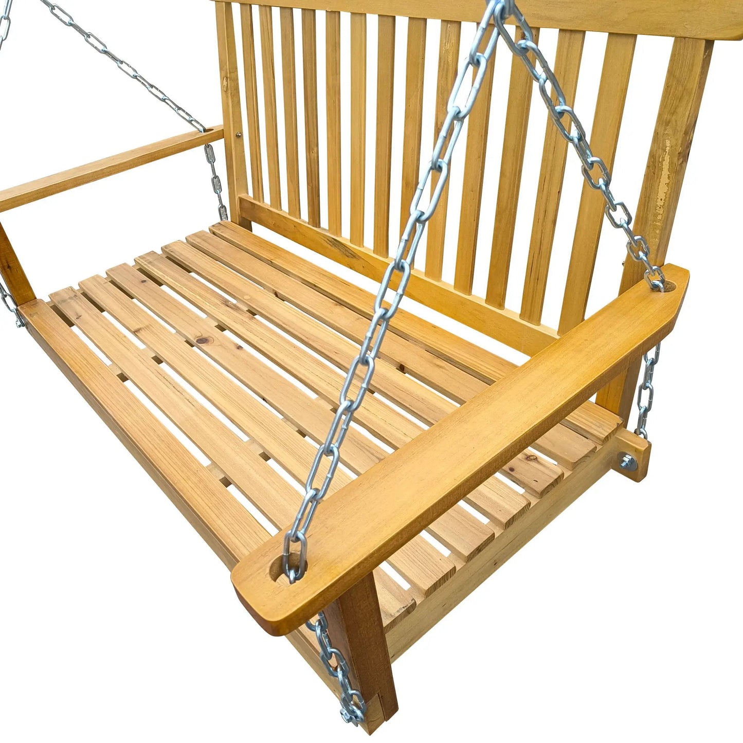 Front porch swing with armrests, natural wood slats, metal chains, Unique Piece Furniture on Tampa Home & Garden Store