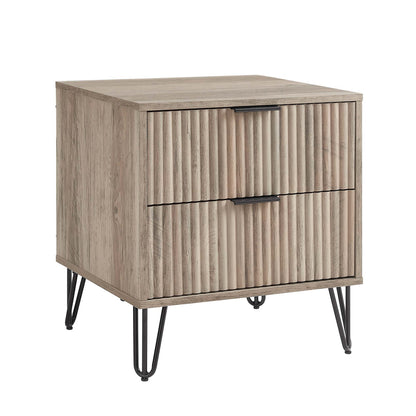 Dumbo Nightstand with 2 drawers, fluted fronts, light wood finish, black metal legs HouseOfZazla on Tampa Home & Garden Store