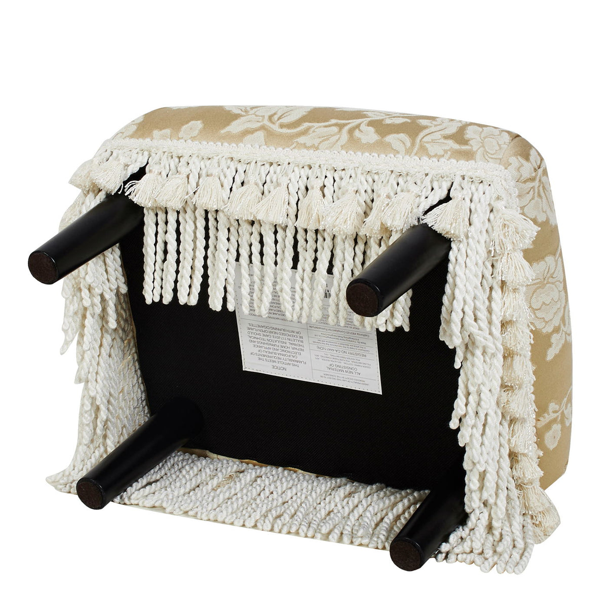 Handcrafted footstool storage ottoman beige fabric with white tassels and solid wood legs on Tampa Home & Garden Store