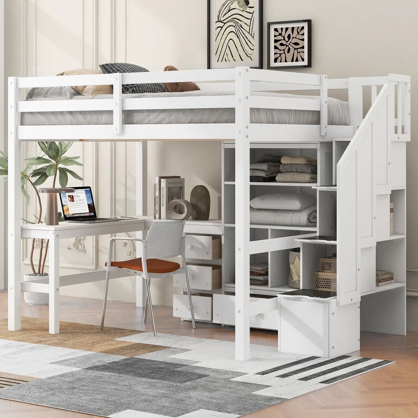 Loft Bed and L Shaped Desk With Storage Drawers