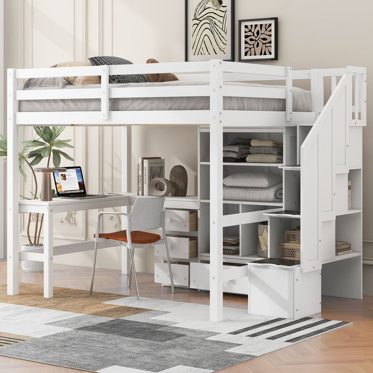 Loft bed with L-shaped desk and storage staircase in white, HouseOfZazla on Tampa Home & Garden Store