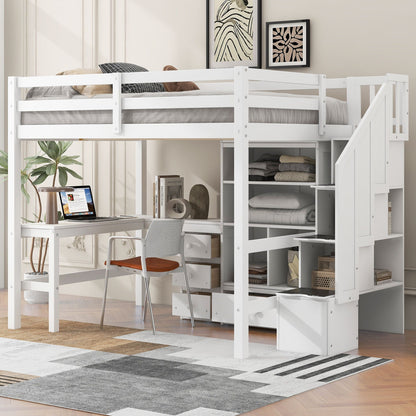 Loft bed with L-shaped desk and storage staircase in white, HouseOfZazla on Tampa Home & Garden Store