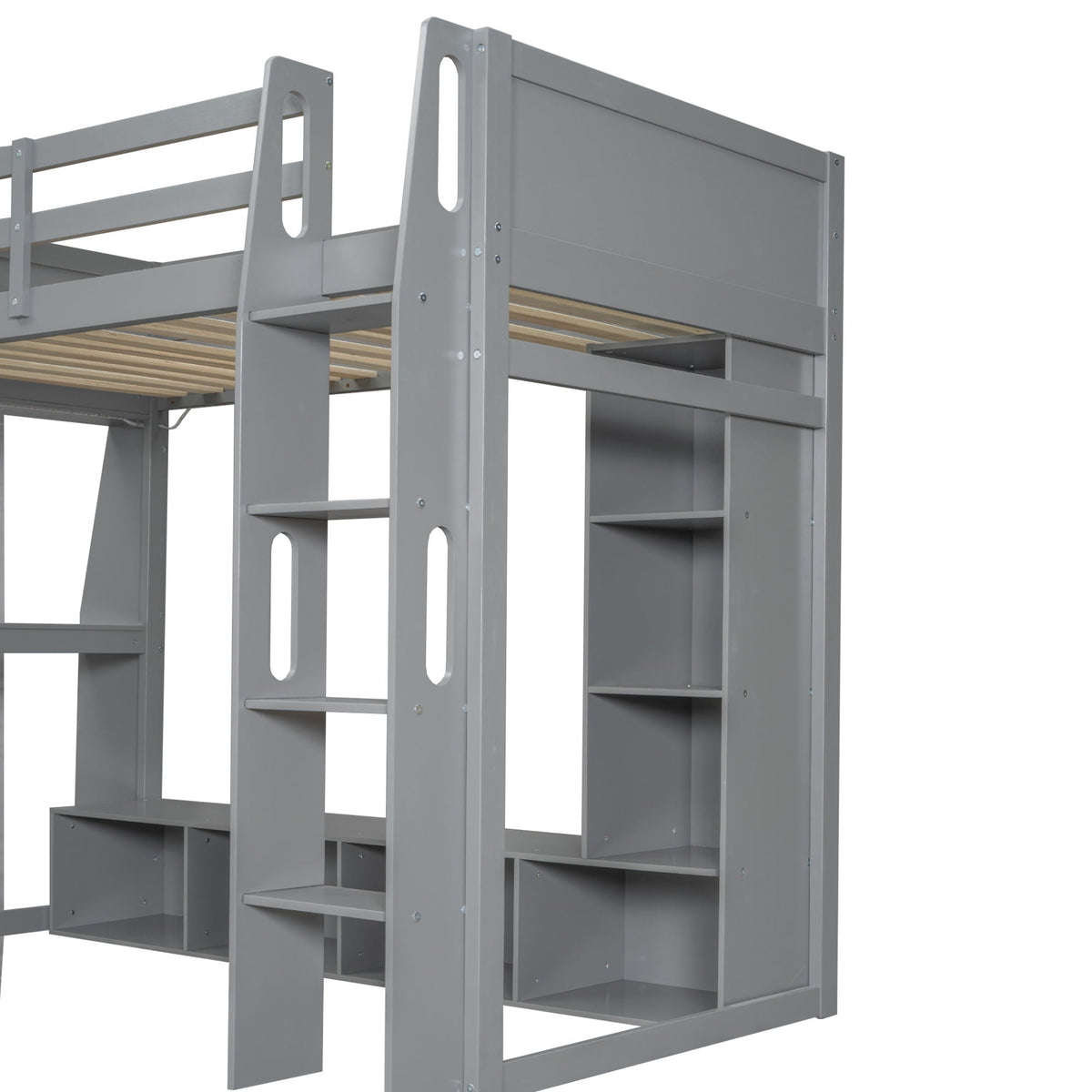 Gaming loft bed by HouseOfZazla gray metal with desk and storage shelves and ladder on Tampa Home & Garden Store